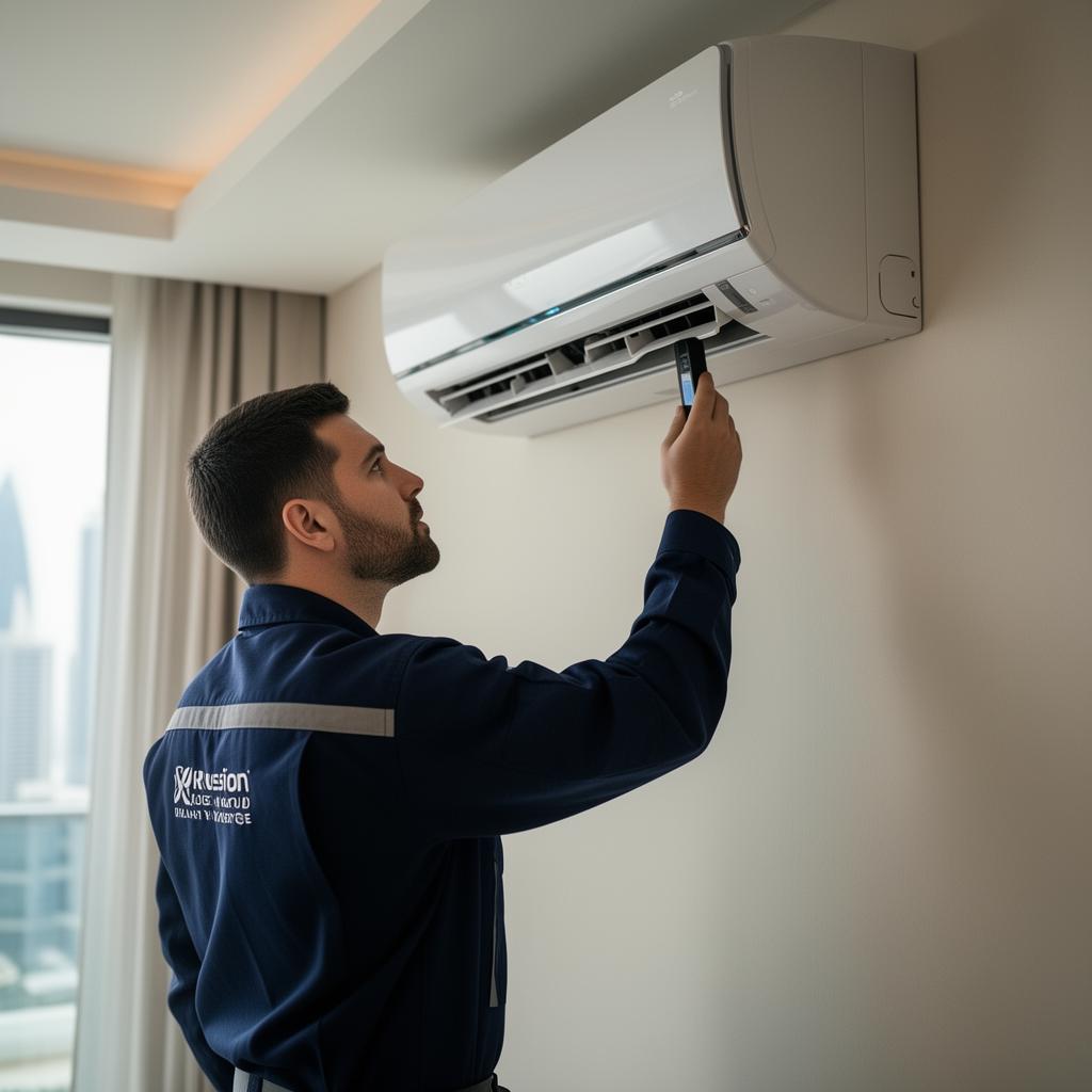 FreshAir certified AC technician servicing a split unit in Dubai